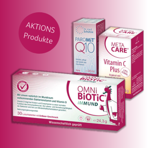 Aktionsprodukte von Institut Allergosan: OMNi-BiOTiC iMMUND, PAROMiT Q10 Spray und META-CARE Vitamin C Plus vor rosa Hintergrun