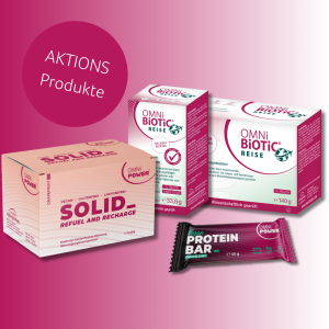 Produkte von OMNi-BiOTiC und OMNi POWER, darunter Nahrungsergänzung für Reisen, Energiezufuhr und Proteinversorgung.