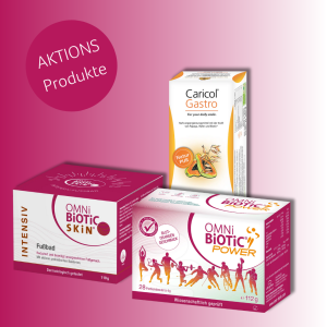 Drei Aktionsprodukte des Institut Allergosan auf rosafarbenem Hintergrund: OMNi-BiOTiC® POWER mit Blut-Orangen-Geschmack, OMNi-BiOTiC® SKIN Intensiv-Fußbad und Caricol® Gastro mit Papaya. Kreis mit Schriftzug "AKTIONS Produkte".