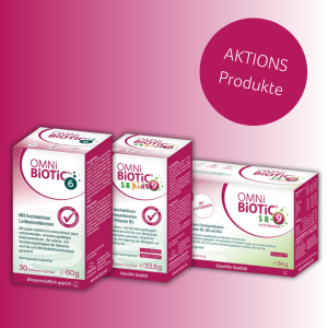Drei OMNi-BiOTiC® Aktionsprodukte vor rosa Farbverlauf, darunter OMNi-BiOTiC® 6, OMNi-BiOTiC® SR-9 und OMNi-BiOTiC® SR Kids 9.
