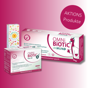 Drei Produkte auf einem rosafarbenen Hintergrund: OMNi-BiOTiC® iMMUND, OMNi-BiOTiC® Pro-Vi und VIBRACELL®. Rechts oben ein runder Button mit dem Text "AKTIONS Produkte".