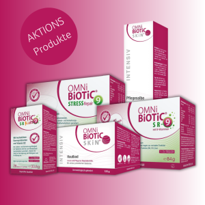 Aktionsprodukte von OMNi-BiOTiC® inklusive STRESS Repair, SR-9, SR Kids 9 und SKIN Pflegeprodukte, vor rosa Farbverlaufshintergrund